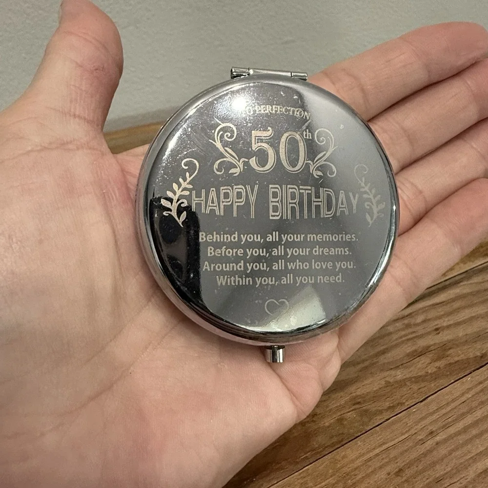 Engraved Compact Mirror 50th Birthday Not A Day Over Fabulous Silver Tone Gift